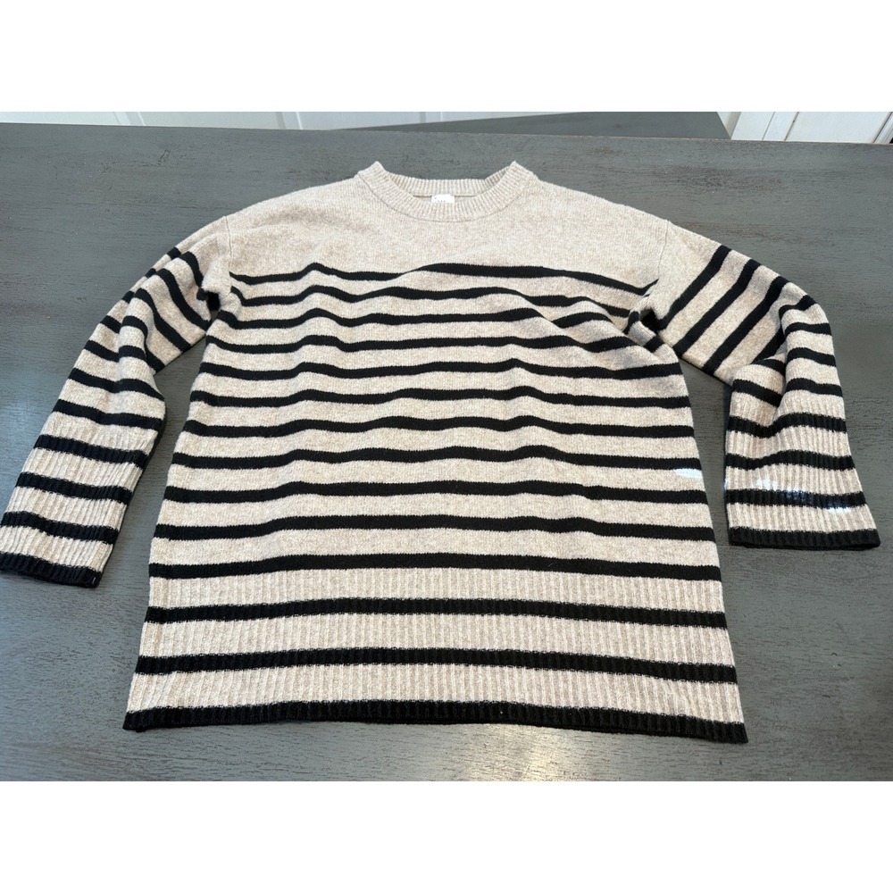 A New Day Tan Black Striped Crewneck Sweater Womens Medium Knit Pullover